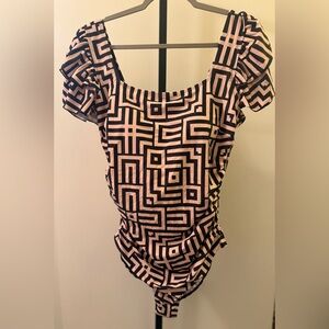 Square Neck Ruffle Sleeve Geometric Patterned Swimsuit